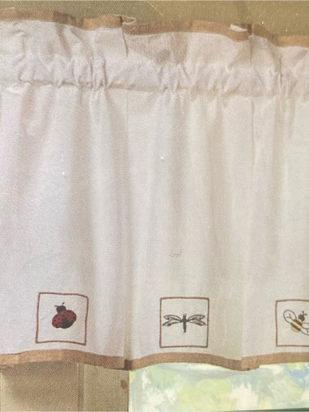 2 Hand Embroidered Cotton Valances Ladybug Bee Dragonfly Farmhouse Cottage